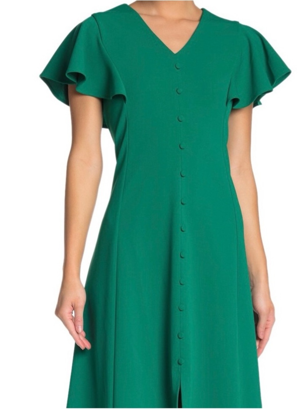 Nina Leonard Elegant Green V-Neck Button-Front Dress